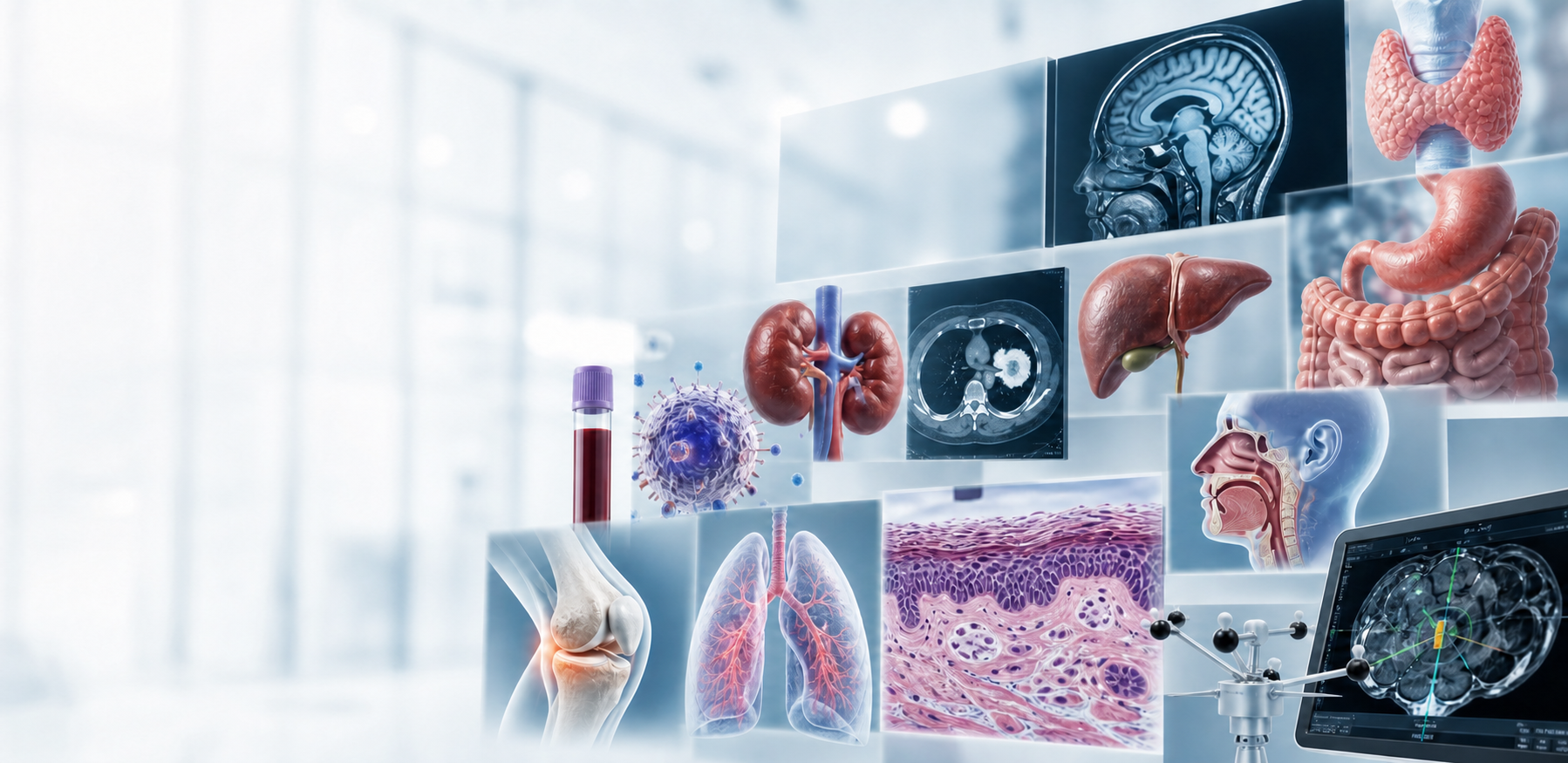Medical collage with organs, scans, blood, tissue, and anatomy